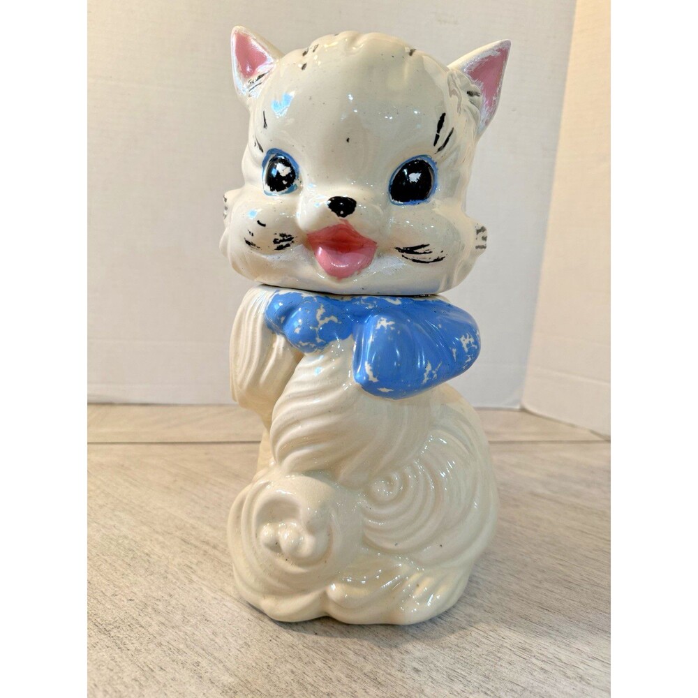 Vintage USA Pottery White Cat Cookie Jar Blue Bow Kitsch Ceramic Feline 10.5in